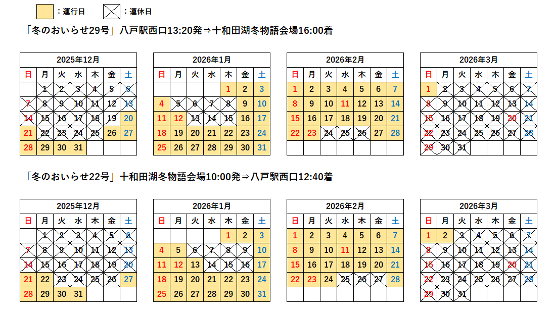 青森－八甲田・酸ヶ湯（はっこうだ号）、八戸－奥入瀬渓流・十和田湖